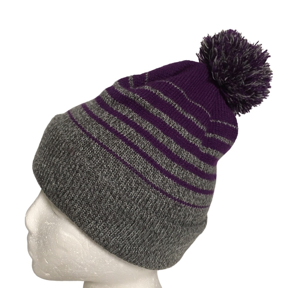 Pennant Unisex Knit Cuffed Beanie Toboggan sock hat Purple Slate Gray Pom Pom …